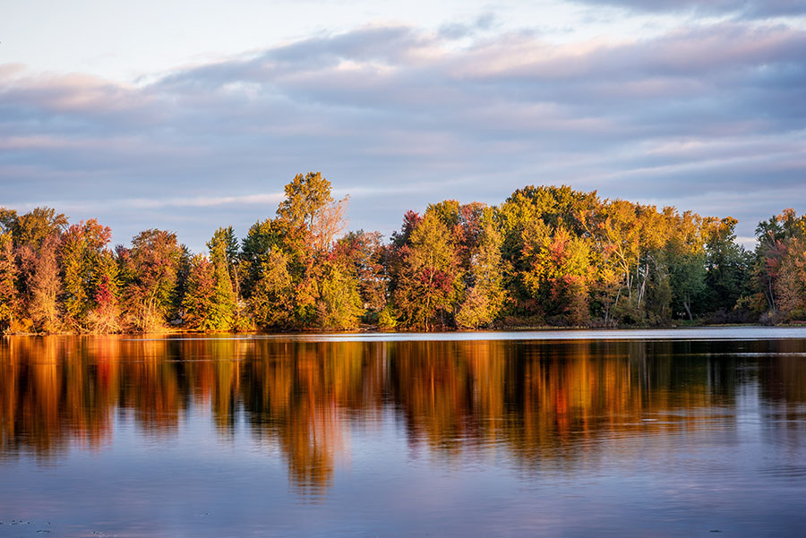 Fall colors shine brightly at Pigeon Lake in Brammall and Bruner Nature Preserve.