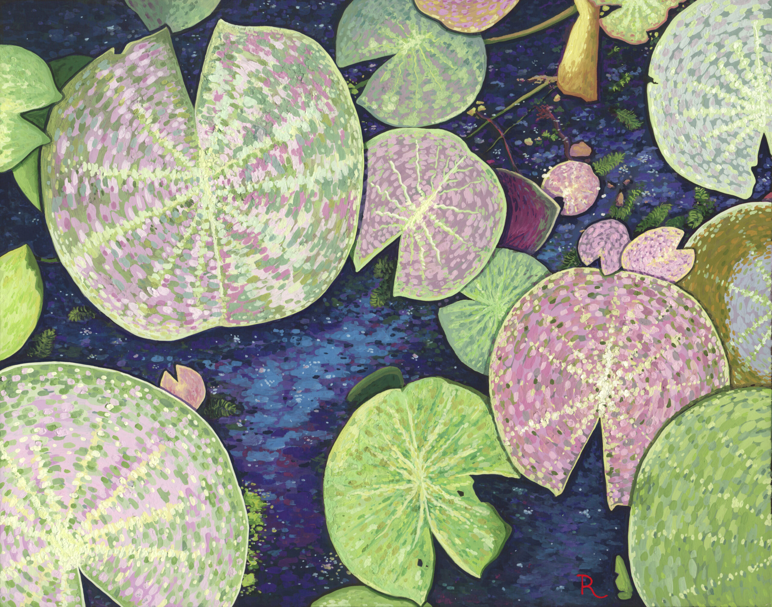 A colorful top-down view of lilypads and water.
